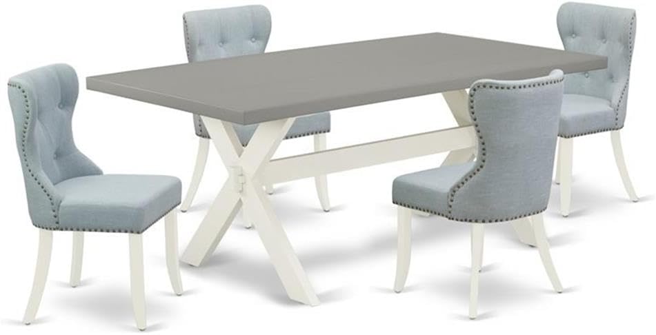 East West Furniture X097SI215-5 5 Piece Dining Set Includes a Rectangle Dining Room Table with X-Legs and 4 Baby Blue Linen Fabric Upholstered Parson Chairs, 40x72 Inch, Multi-Color