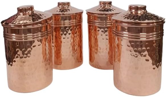 Copper Storage Canister Set with Serving Tray and Spoon, 4 Hammered Jars, Kitchen Container Set (4) (6)