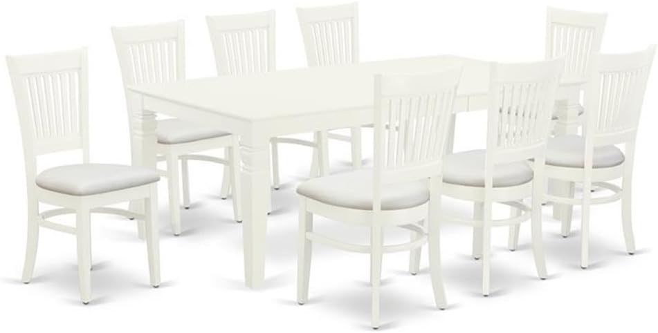 East West Furniture LGVA9-LWH-C 9 Piece Dining Set Includes a Rectangle Dining Room Table with Butterfly Leaf and 8 Linen Fabric Upholstered Kitchen Chairs, 42x84 Inch, Linen White