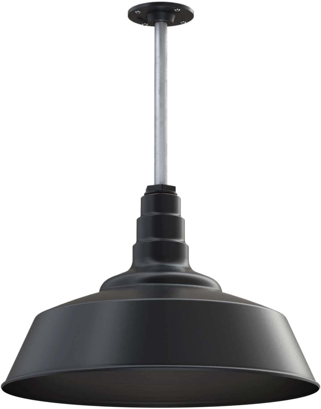 Steel Lighting Co. Manhattan Warehouse Light | Ceiling Mounted Pendant | 20 inch Dome | 12 inch Stem | Large Steel Barn Light Made in America | Matte Black Exterior/Matte Black Interior