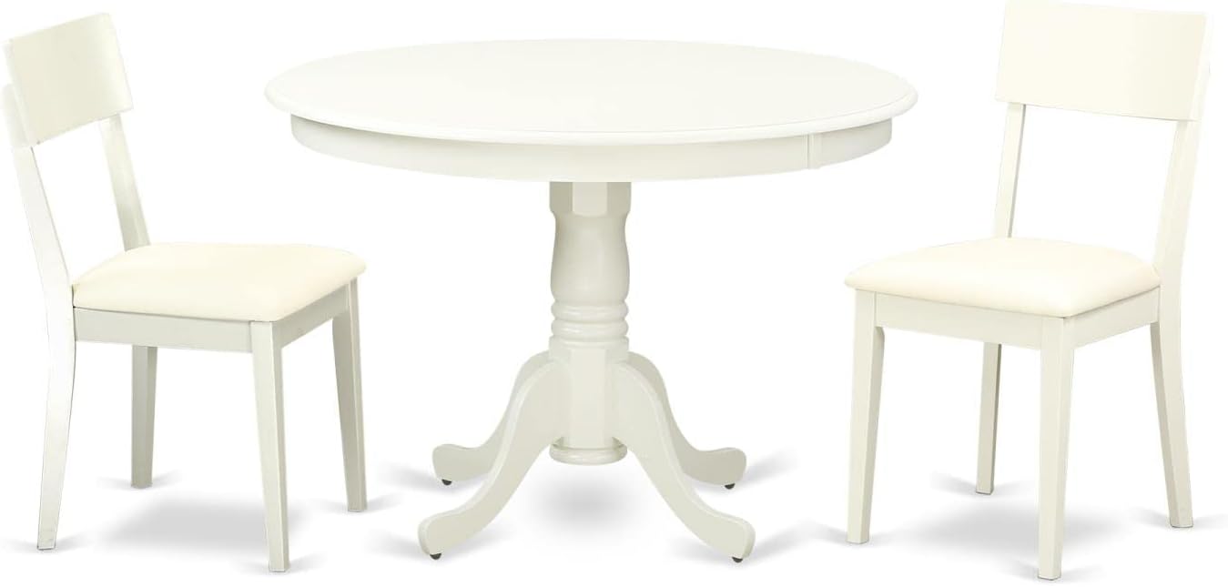 East West Furniture HLAD3-LWH-LC 3 Piece Dining Table Set for Small Spaces Contains a Round Dining Room Table with Pedestal and 2 Faux Leather Upholstered Chairs, 42x42 Inch, Linen White