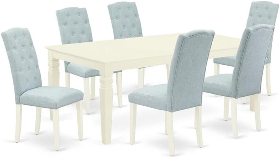 East West Furniture LGCE7-LWH-15 7 Piece Modern Dining Table Set Consist of a Rectangle Wooden Table with Butterfly Leaf and 6 Baby Blue Linen Fabric Parson Chairs, 42x84 Inch, Linen White
