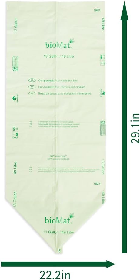 bioMat 13 Gallon Compostable Compost Liners, 50 Count, BPI ASTM D6400 and CMA Certified, Compostable Tall Kitchen Garbage Bags, Trash Bags for Food Waste