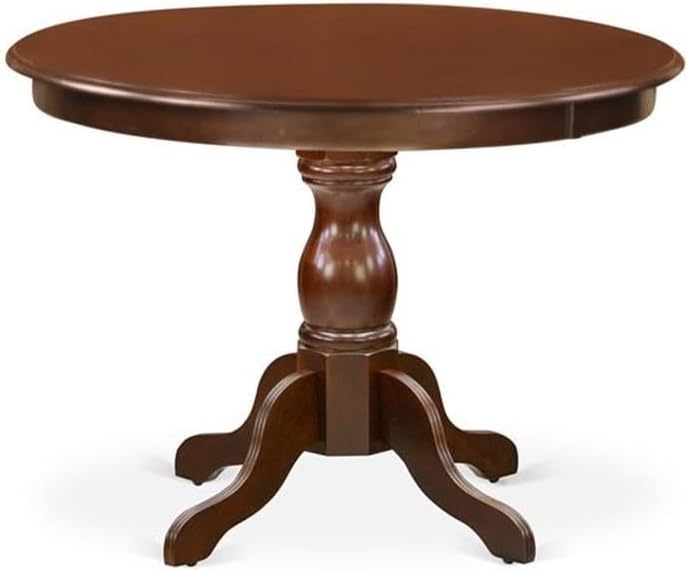 East West Furniture HBDU5-MAH-C 5 Piece Modern Dining Table Set Includes a Round Wooden Table with Pedestal and 4 Linen Fabric Dining Room Chairs, 42x42 Inch, Mahogany