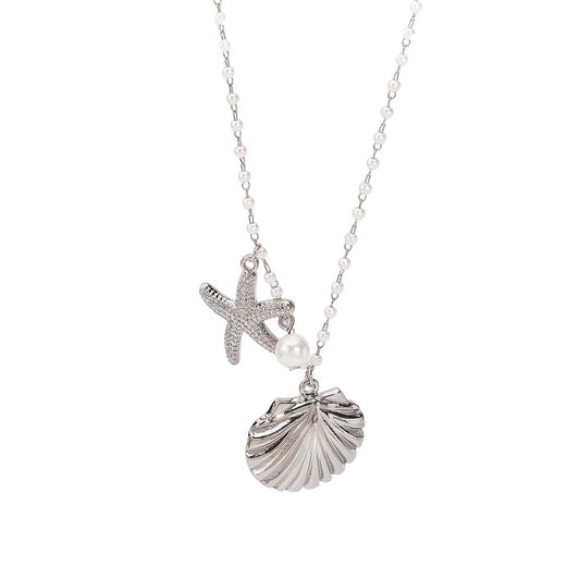 Dainty Gold Starfish Beach Pendant Necklace for Women Cute Charms Shell Pearl Ball Chain Choker Necklaces Adjustable Ocean Sea Summer Accessories Y2K Holiday Party Jewelry 20" (Silver)