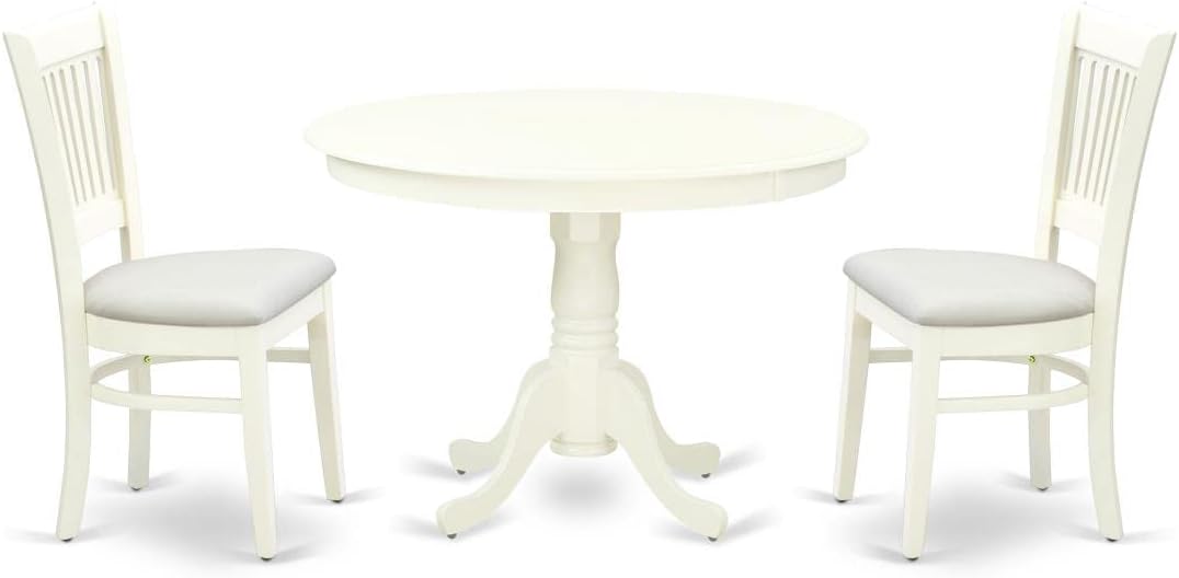 East West Furniture HLVA3-LWH-C 3 Piece Kitchen Table & Chairs Set Contains a Round Dining Table with Pedestal and 2 Linen Fabric Dining Room Chairs, 42x42 Inch, Linen White