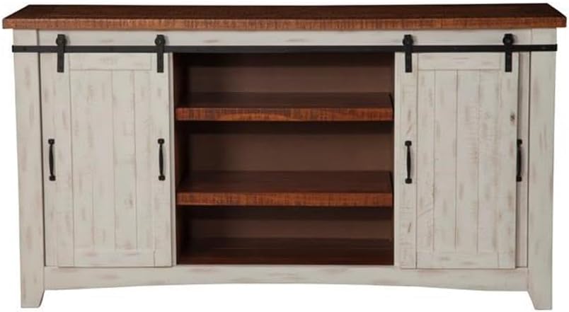 Martin Svensson Home Rustic 65” Solid Wood TV Stand with Storage, White and Aged Distressed Pine