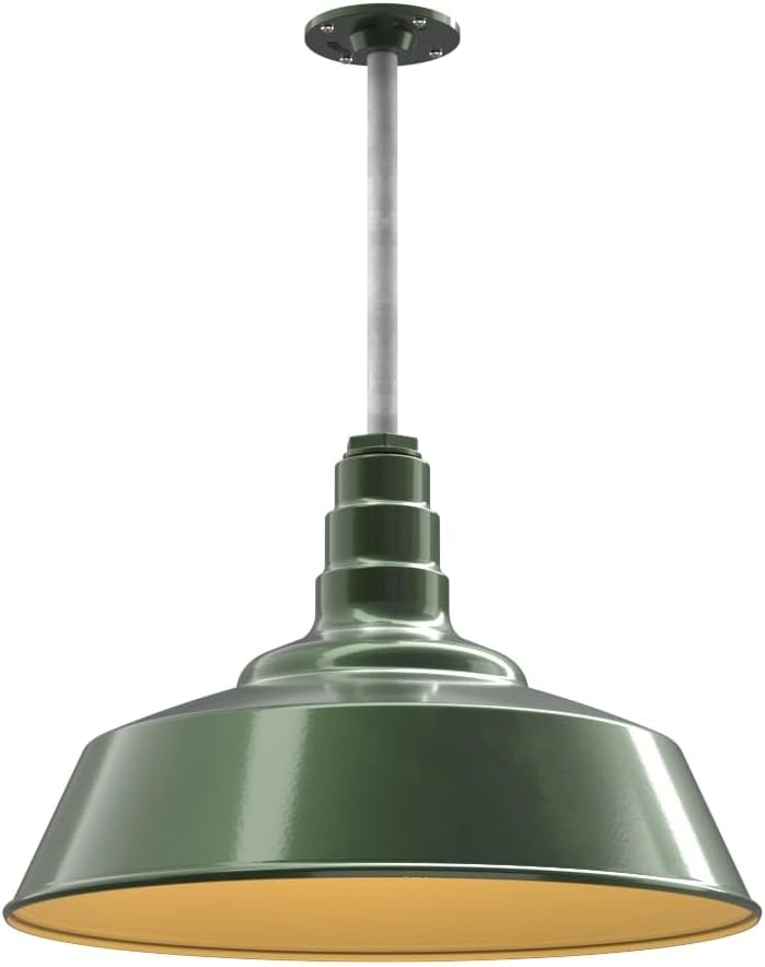 Steel Lighting Co. Manhattan Warehouse Light | Ceiling Mounted Pendant | 20 inch Dome | 12" Galvanized Stem | Large Steel Barn Light Made in America | Hunter Green Exterior/Brass Interior
