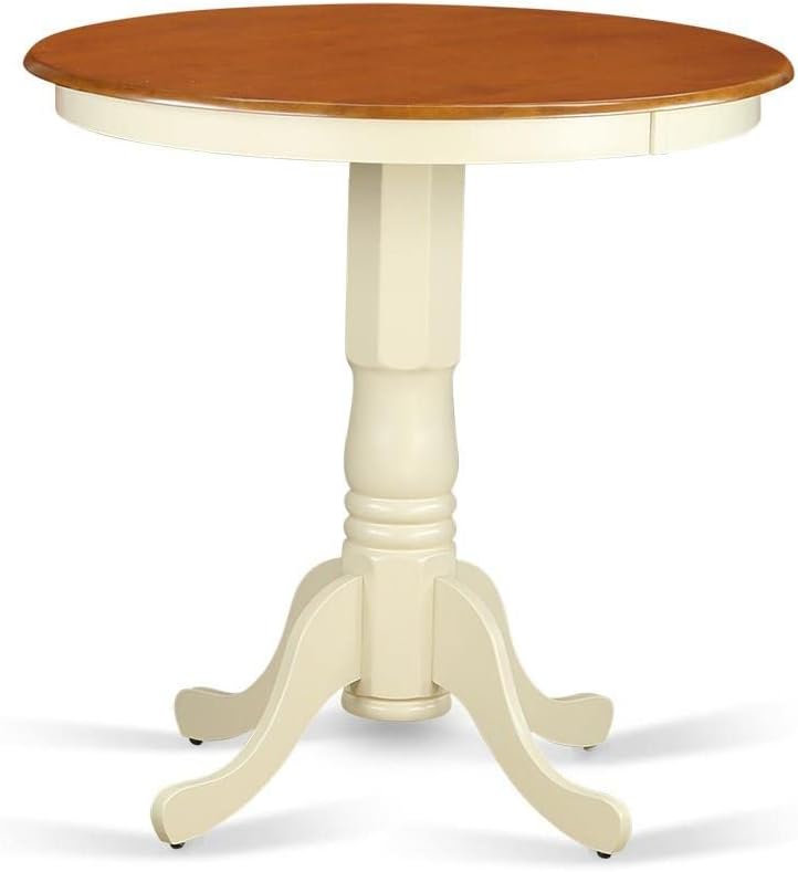 East West Furniture EDVN3-WHI-W 3 Piece Counter Height Dining Table Set Contains a Round Wooden Table with Pedestal and 2 Kitchen Dining Chairs, 30x30 Inch, Buttermilk & Cherry