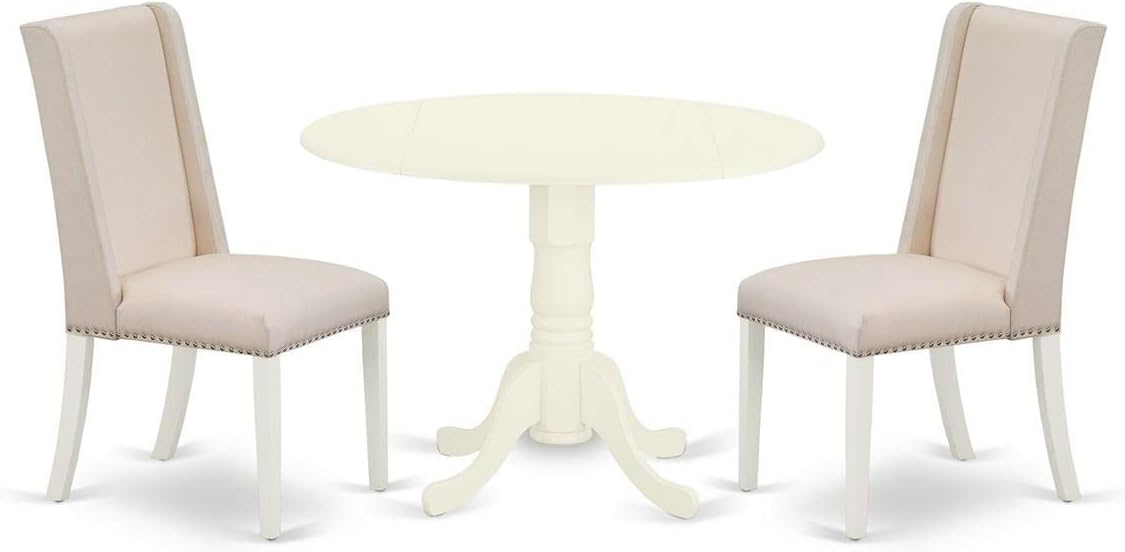 East West Furniture DLFL3-WHI-01 3 Piece Kitchen Table Set Contains a Round Dining Room Table with Dropleaf and 2 Cream Linen Fabric Upholstered Chairs, 42x42 Inch, Linen White