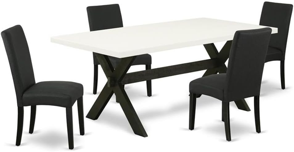 East West Furniture X627DR124-5 5 Piece Dining Set Includes a Rectangle Dining Room Table with X-Legs and 4 Black Color Linen Fabric Upholstered Parson Chairs, 40x72 Inch, Multi-Color