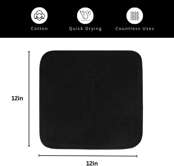 PurpleEssences Dish Cloths and Dish Rags - 8 Pack Waffle Weave Solid Kitchen Dish Wash Cloths, 100% Cotton, 12 x 12 Inches, Ultra Soft Absorbent Quick Drying - Christmas Holiday Winter - Black