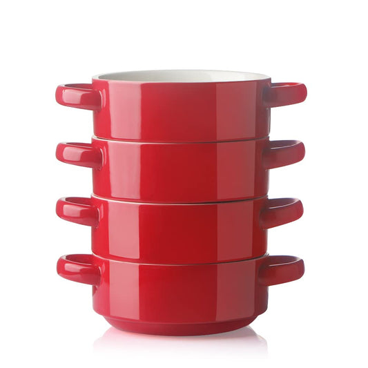 Sweejar Ceramic Soup Bowls with Double Handles, 20 Oz Stacked Bowls for French Onion Soup, Cereal, Pot Pies, Stew, Chill, Pasta, Set of 4 (Red)