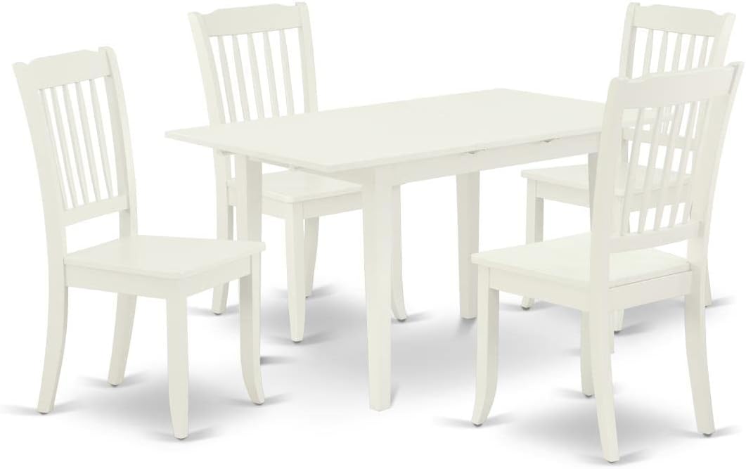 East West Furniture NODA5-LWH-W 5 Piece Modern Dining Table Set Includes a Rectangle Wooden Table with Butterfly Leaf and 4 Dining Chairs, 32x54 Inch, Linen White