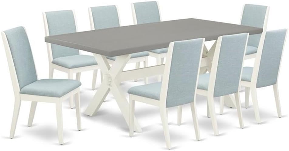 East West Furniture X097LA015-9 9 Piece Kitchen Table Set Includes a Rectangle Dining Table with X-Legs and 8 Baby Blue Linen Fabric Parsons Dining Chairs, 40x72 Inch, Multi-Color