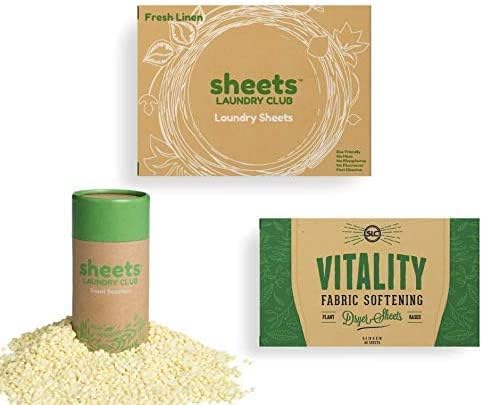 Sheets Laundry Club Bundle - 50 Pack (up to 100 loads) Fresh Linen Detergent Sheets, 40 Pack Free & Clear Dryer Sheets & 8 Oz. Sandbar Scent Booster - New Liquidless Technology