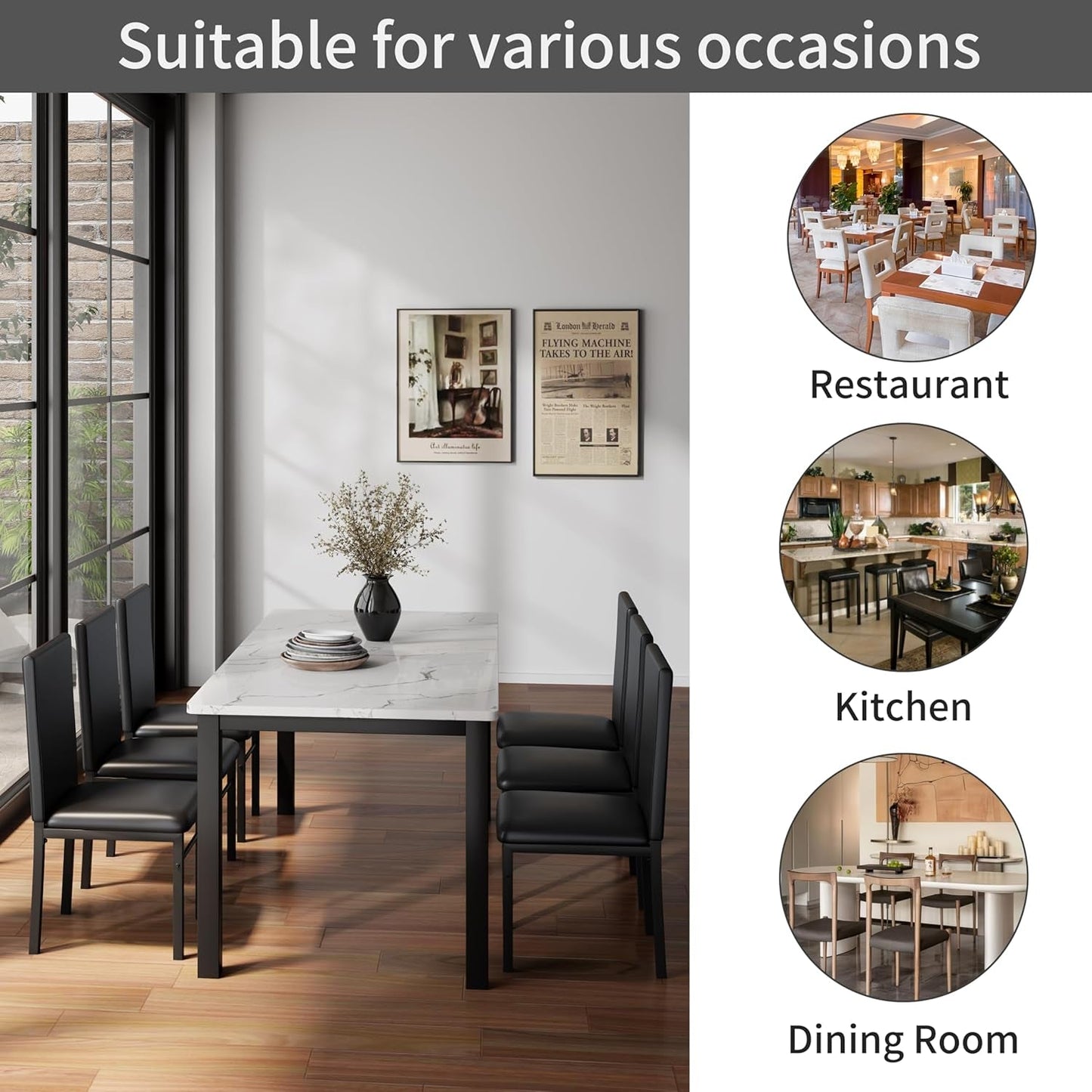 Dining Table Set for 6, 7-Piece Kitchen Dining Room Set with Faux Marble Top & Sturdy Metal Frame, Space Saving Dinner Table with 6 Chairs for Small Spaces, Dining Room, White & Black