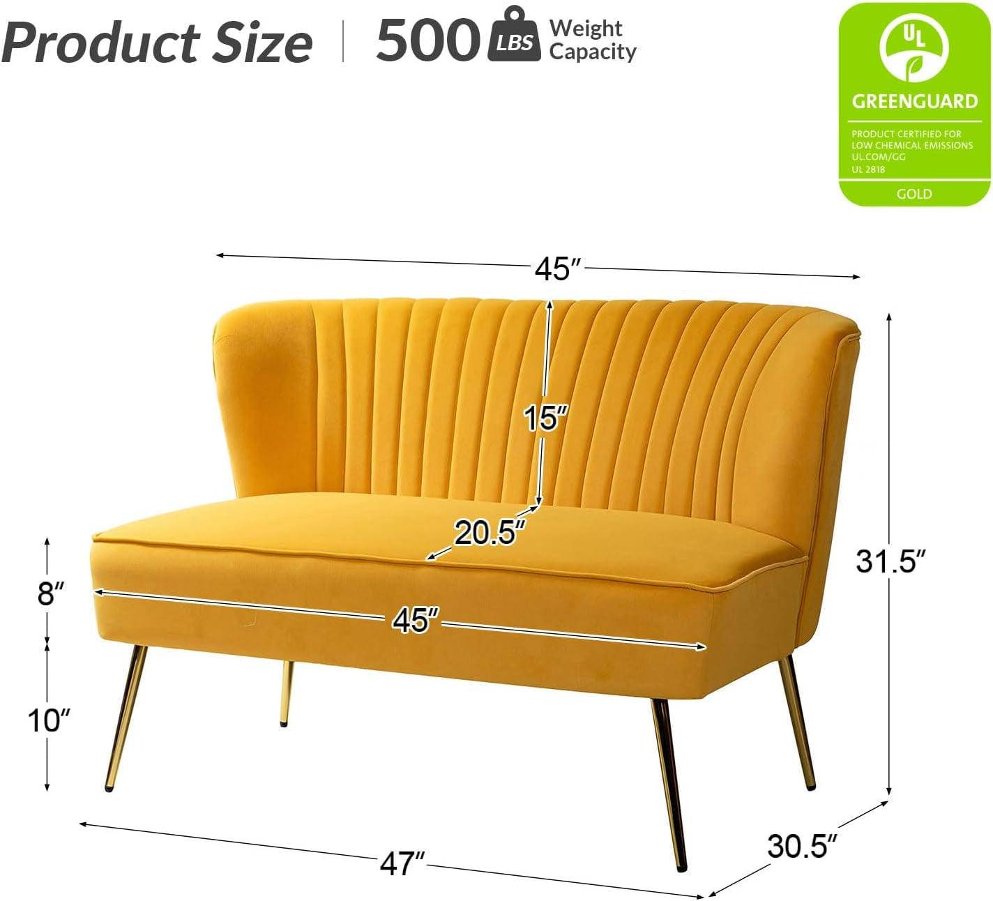 Velvet Loveseat Sofa with Gold Legs, Mid-Century Modern Upholstered Love Seat Couch, Tufted Small 2-Seat Sofa Armless for Living Room, Bedroom, Apartment Small Spaces, Mustard