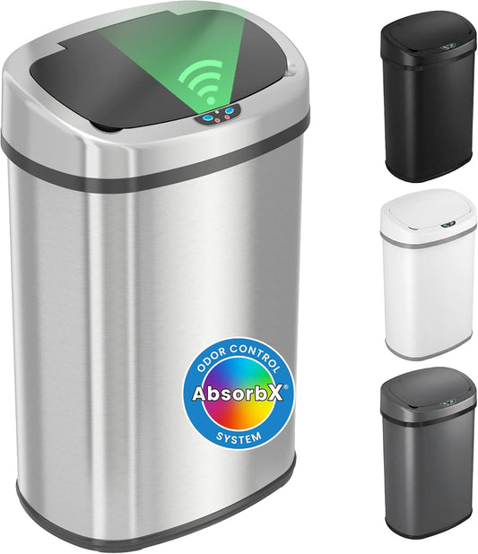 13 Gallon Automatic Sensor Trash Can with Absorbx Odor Filter, Stainless Steel Kitchen Garbage Bin, Fingerprint-Proof, Hands-Free Operation, Oval