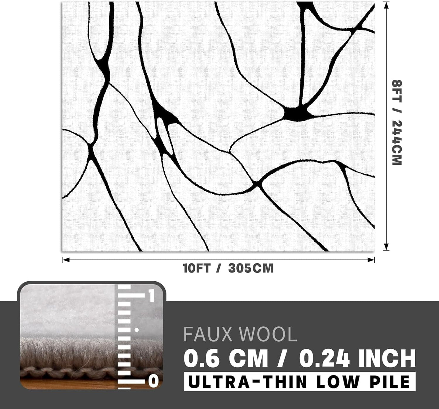 Modern Washable 8'X10' Area Rug for Living Room Bedroom - Large Abstract Black and White Rug Non-Slip Ultra-Thin Home Decor,Warping,8X10Ft