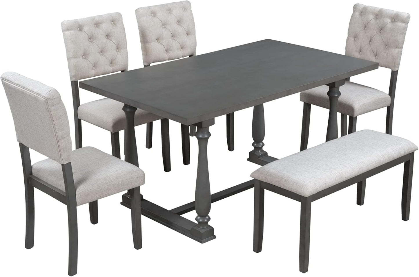 6 Piece Kitchen Dining Table Set, Wooden Rectangular Dining Table with Upholstered Bench and 4 Chairs, Dining Room Table Set for 6 People, Living Room Furniture (Gray, Beige Cushions)