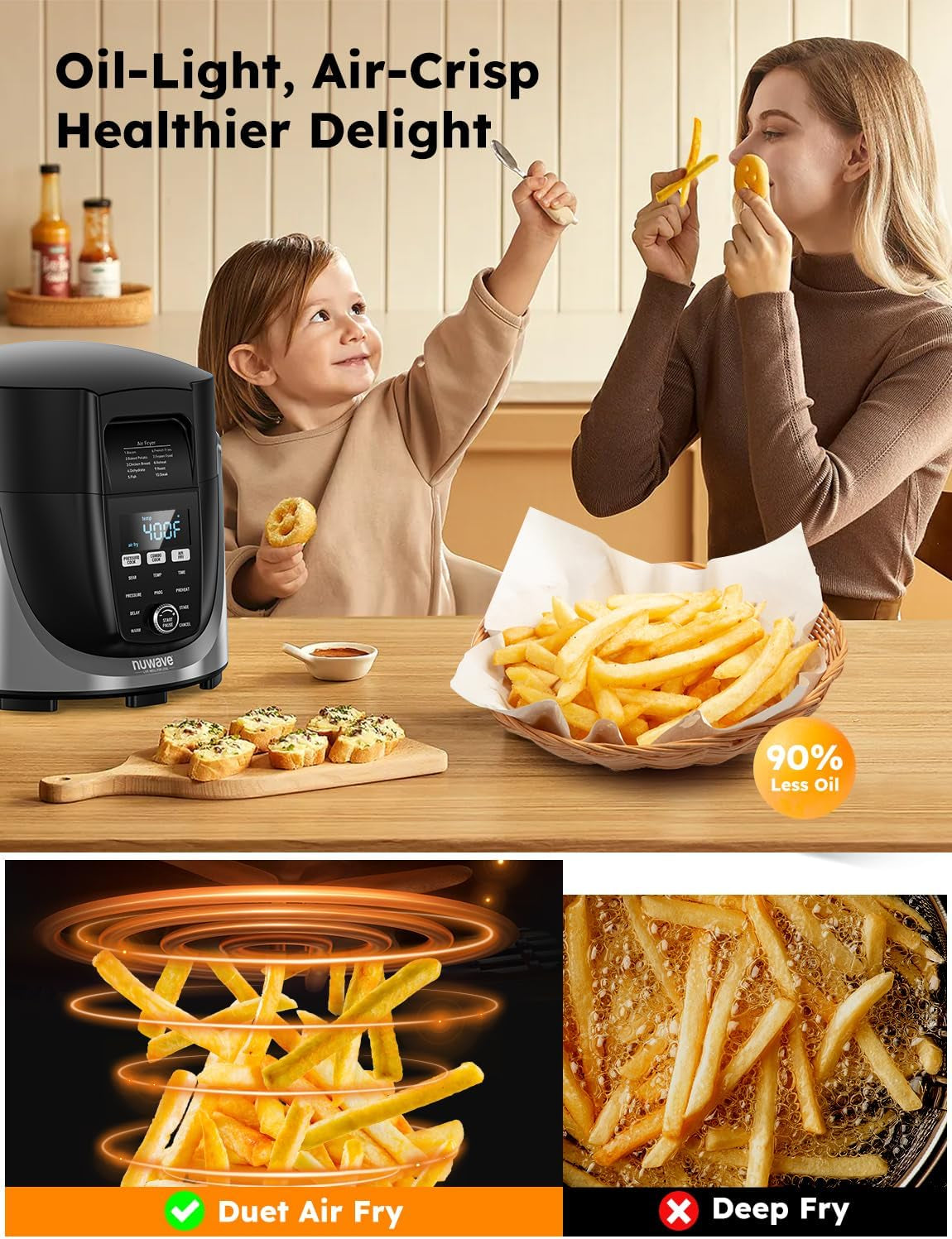 Duet Air Fryer, Electric Pressure Cooker & Grill Combo, 540 in 1 Multicooker with 3 Removable Lids, Slow Cook, Sautés, Dehydrator, 18/10 SS Pot, Sure-Lock Safety Tech & 13 Deluxe Accessories