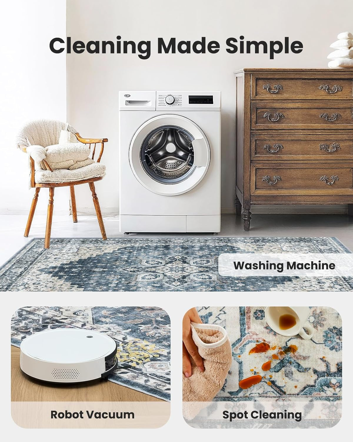 8X10 Washable Area Rug, Low-Profile Large Area Rug with Non-Slip Backing & Durable Edge Binding, Vintage Large Rugs for Living Room, Bedroom, Dinning Room