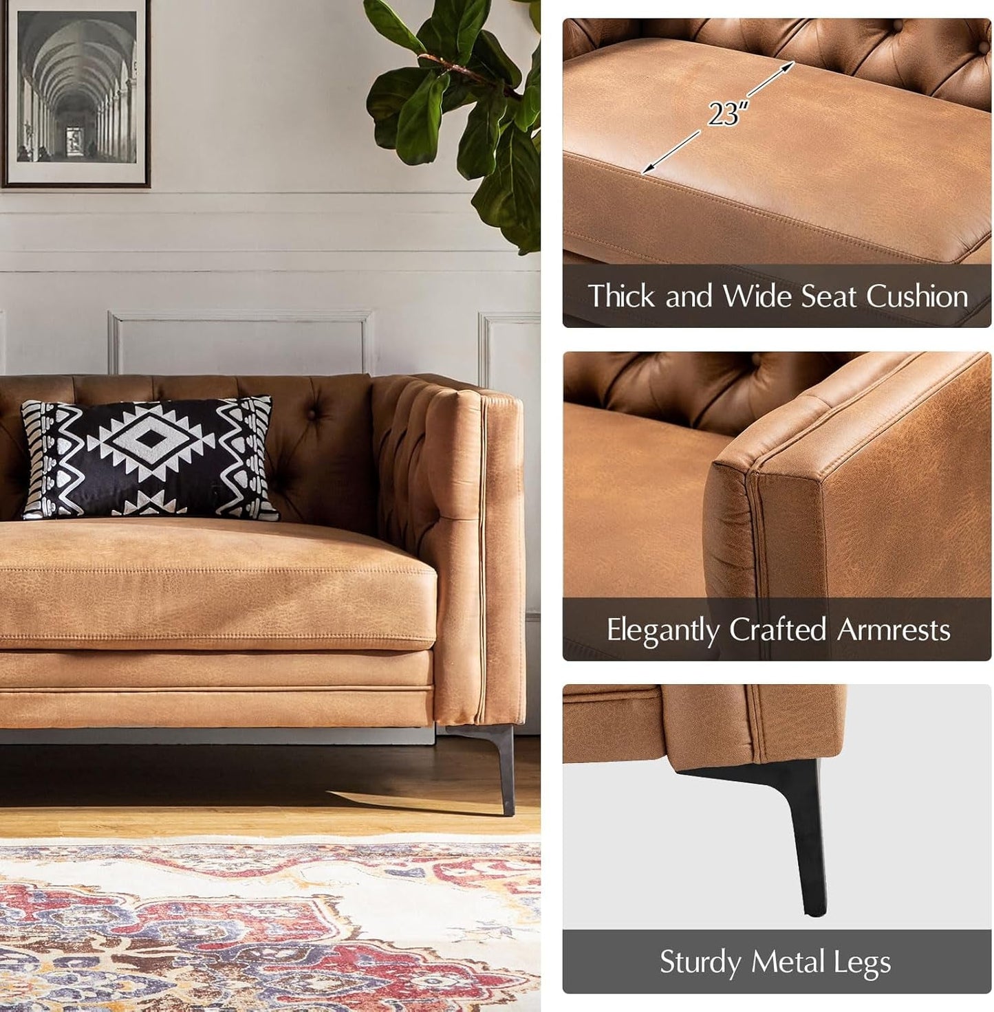 84" W Faux Leather Sofa Couch with Metal Legs, Button-Tufted 3-Seater Sofa, Mid Century Modern Upholstered Couch for Living Room, Entertainment Area, Apartment,Camel