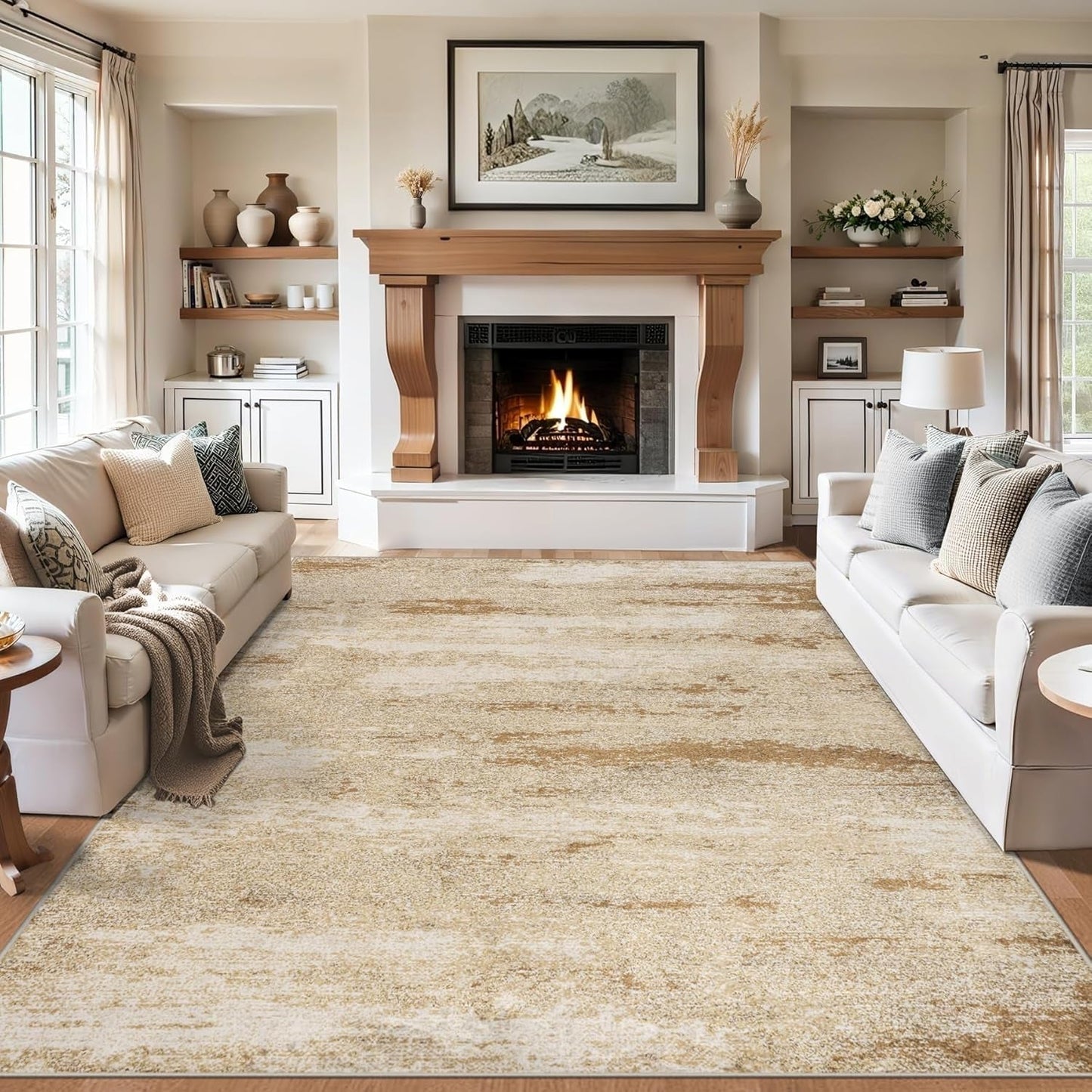 8X10 Area Rugs for Living Room - Washable Rug Modern Abstract Soft Large Neutral Non-Slip Carpet Indoor Floor Stain Resistant Thin Carpets for Bedroom Dining Room Farmhouse Nursery Home Office Beige