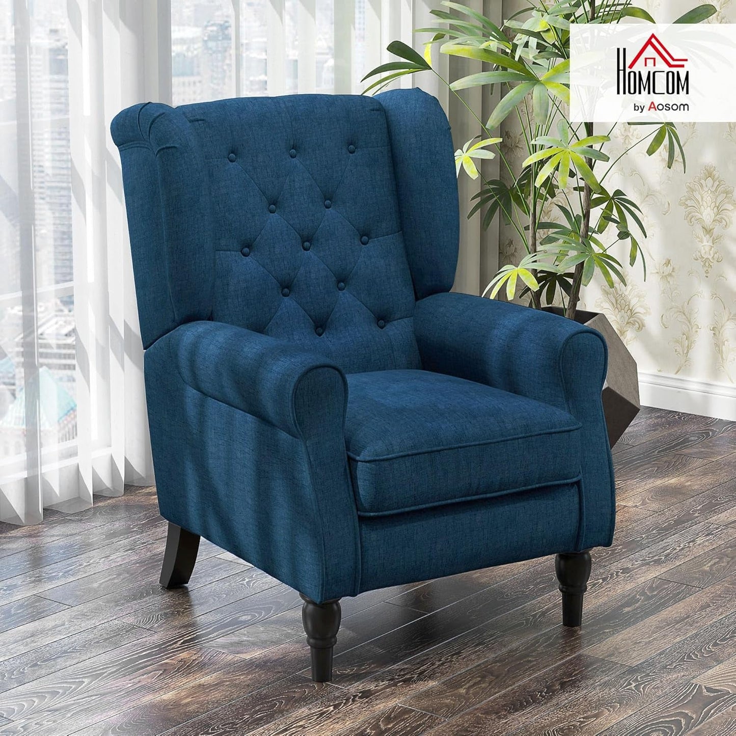 Mid-Century Modern Accent Chair, High Wingback Reading Chair, Button-Tufted Upholstered Fabric Armchair with Retro Wood Legs for Apartment, Living Room, Bedroom, Blue