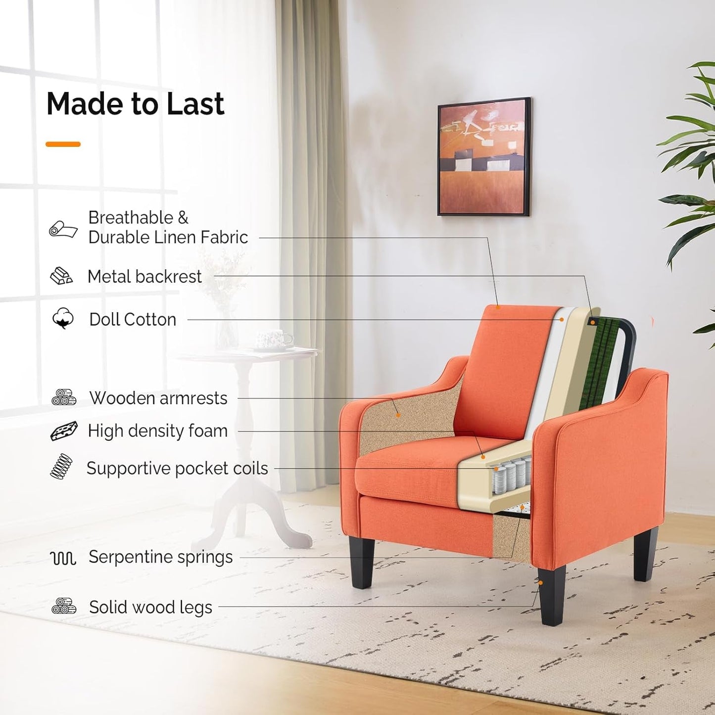 Burnt Orange Mid Century Modern Accent Chair for Living Room & Bedroom, Scooped Arm, Upholstered Comfy Chair for Apartment, Waiting Room