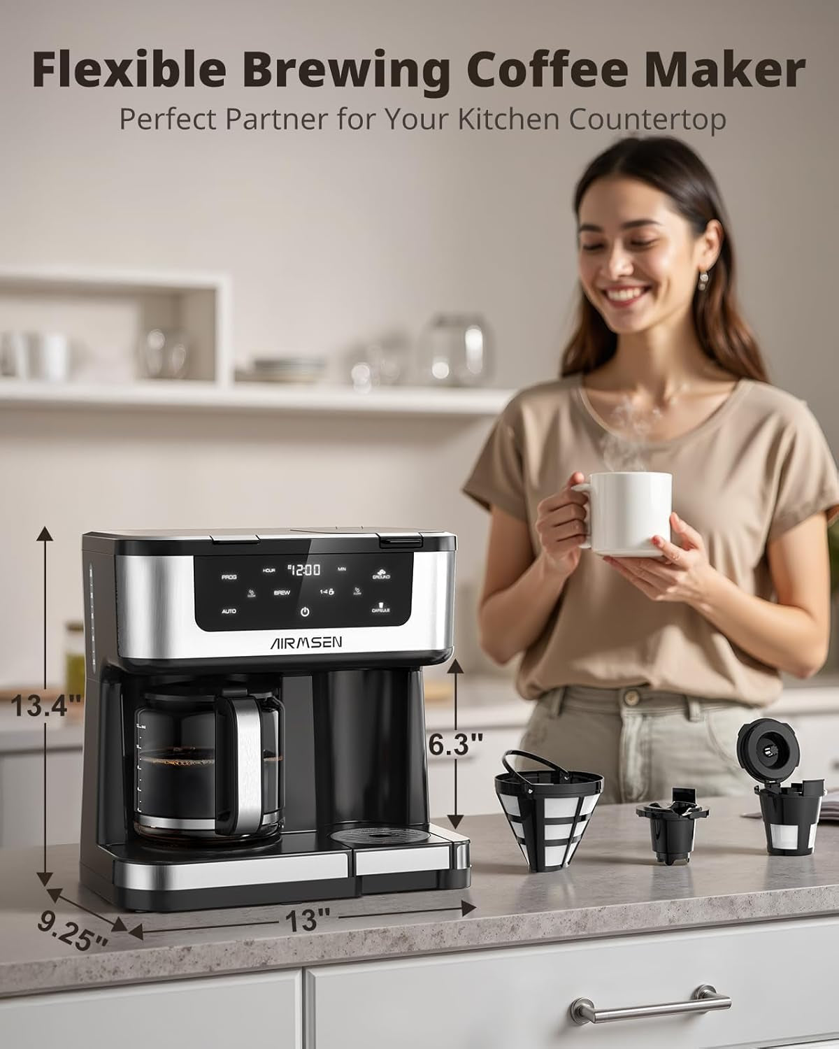 12-Cup Programmable Dual Coffee Maker – Single Serve Machine for K-Cup Pods & Ground, 1000W Fast Brew, Delay Start, 2H Keep Warm, Touchscreen, 60Oz Tank, Glass Carafe – Home & Office
