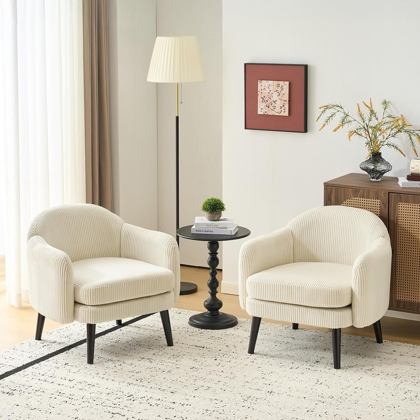 30.3" Wide Modern Barrel Accent Armchairs Set of 2 with Track Armrest, Solid Wooden Legs, Comfy Upholstered Club Chairs, Single Home Sofa for Living Room, Bedroom, Reading Room, Corduroy Beige