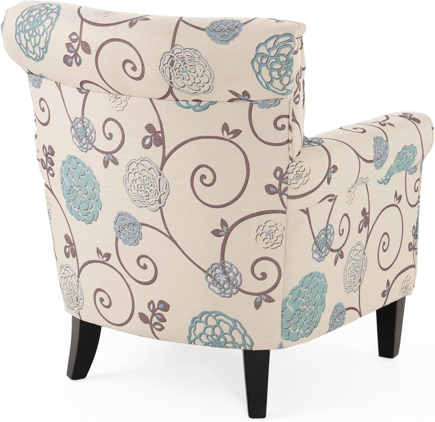Isla Blue Floral Club Chair with Rolled Arms, Upholstered Accent Chair with Tapered Birch Wood Legs and Tonal Piping for Living Room, Bedroom, Beige+Blue