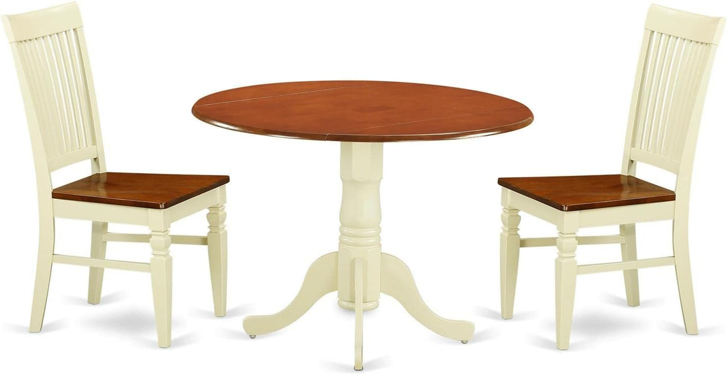East West Furniture DLWE3-BMK-W 3 Piece Dining Set Contains a Round Dining Room Table with Dropleaf and 2 Wood Seat Chairs, 42x42 Inch, Buttermilk & Cherry