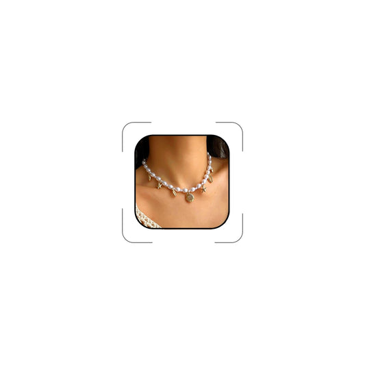 Shell Starfish Necklace for Women Gold Plated Pendant Pearl Necklace Boho Beaded Dainty Adjustable Necklaces Shell Conch Summer Beach Cuff Jewelry Accessories