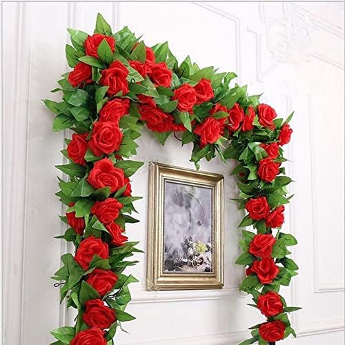 50FT Artificial Flowers Garlands Red 6PCS Silk Rose Hanging Vine with Green Leaves for Wedding Arch Party Christmas Home Decoration Flowers Arrangement