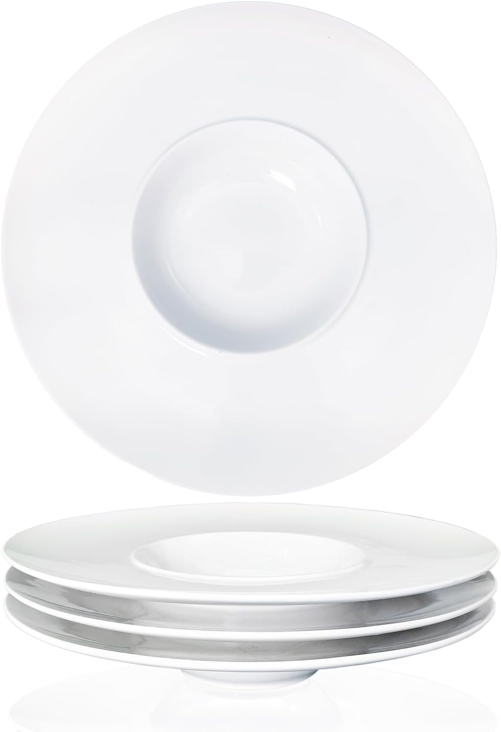 Ceramics Rimmed Soup Bowls 8.6 oz, White 11 inch Exquisite small soup plate Set of 4, Pasta plates With Rim is the best choice for hotels, kitchens, fine restaurants and gourmets