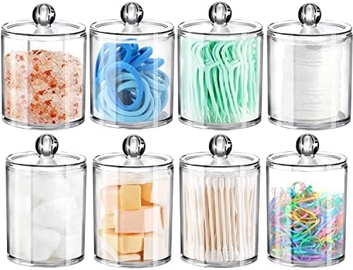 SheeChung 8 Pack Qtip Dispenser Apothecary Jars Bathroom Set with Labels Clear Plastic Qtip Holder Storage Set for Cotton Ball/Swab/Rounds,Floss Picks, Hair Clips，Hair Ties(Clear)