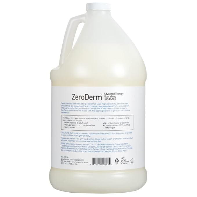 Ginger Lily Farms Botanicals ZeroDerm Advanced Therapy Nourishing Liquid Hand Soap Refill, 100% Vegan & Cruelty Free, Fragrance Free, 1 Gallon (Pack of 4)