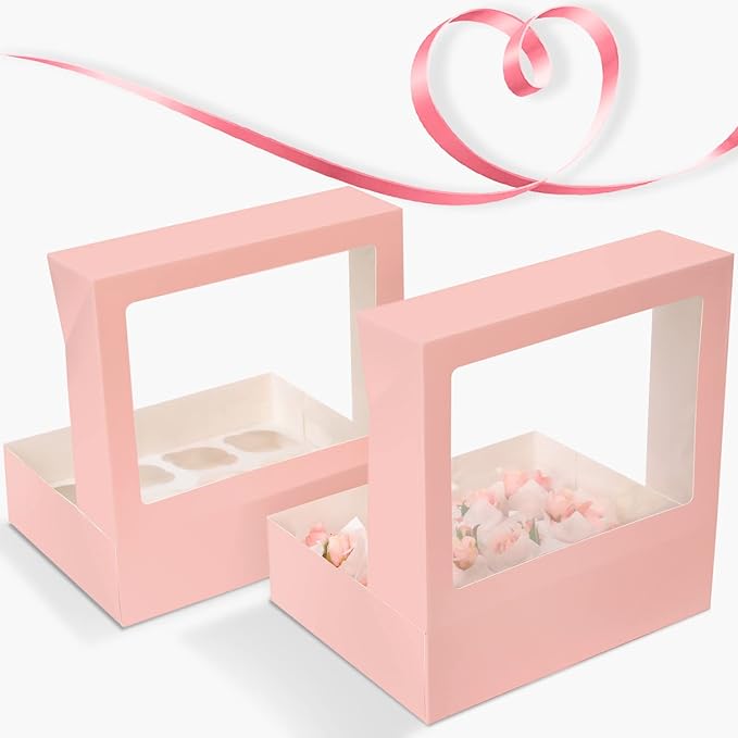 Bakepacker 12 Cupcake Containers 20-Packs Pink Cupcake Box Cupcakes Carrier, 12 Cupcake Boxes with Window 13"x10"x3.5"（Auto-pop up）