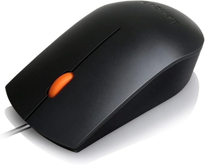 Lenovo 300 USB Wired Computer Full Size Optical Ambidextrous Mouse with 1600 DPI, Reliable USB-A Wired Connection, Easy 3-Button Navigation – Long Lasting, Durable Basic Mouse, Black