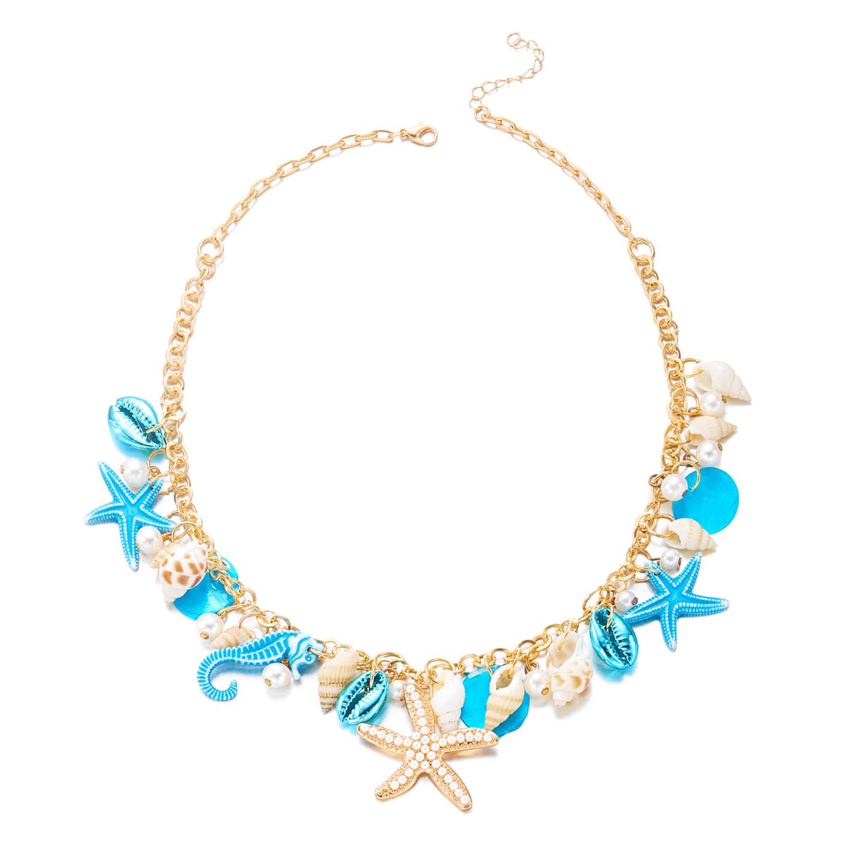 MIFYNN Starfish Shell Pendant Necklace for Women Conch Seahorse Charm Necklace Boho Beach Accessories Summer Tropical Ocean Jewelr Dainty Coastal Jewelry for Women Summer Birthday Gift (Blue)