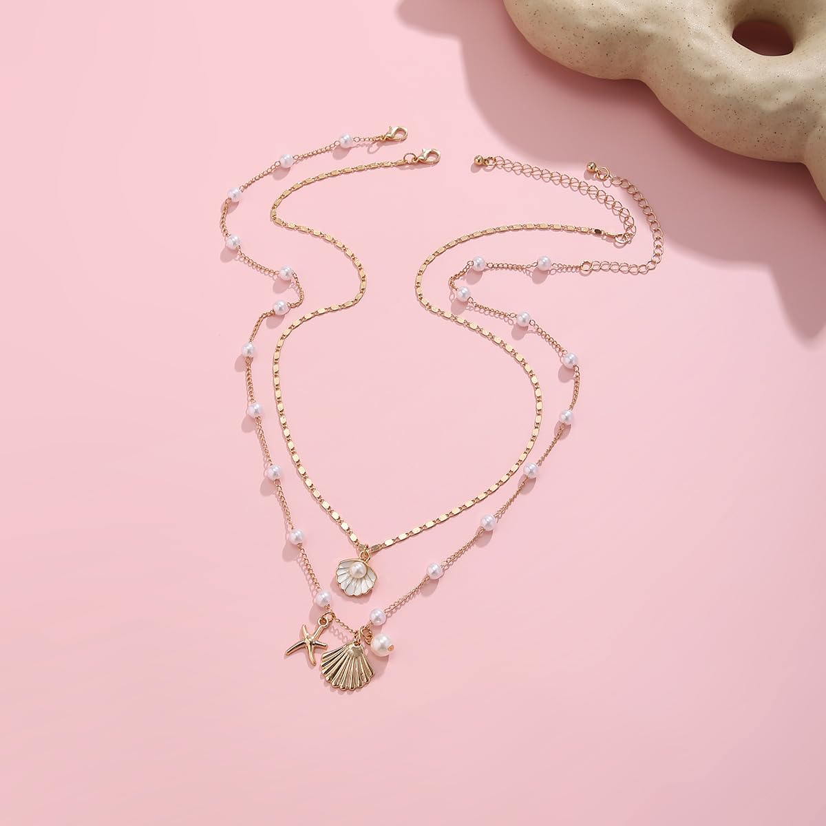 Starfish Necklace Gold Beach Jewelry for Women Pearl Seashell Necklace Cowrie Shell Beach Necklaces Ocean Summer Starfish Jewelry (2-2 layer gold)