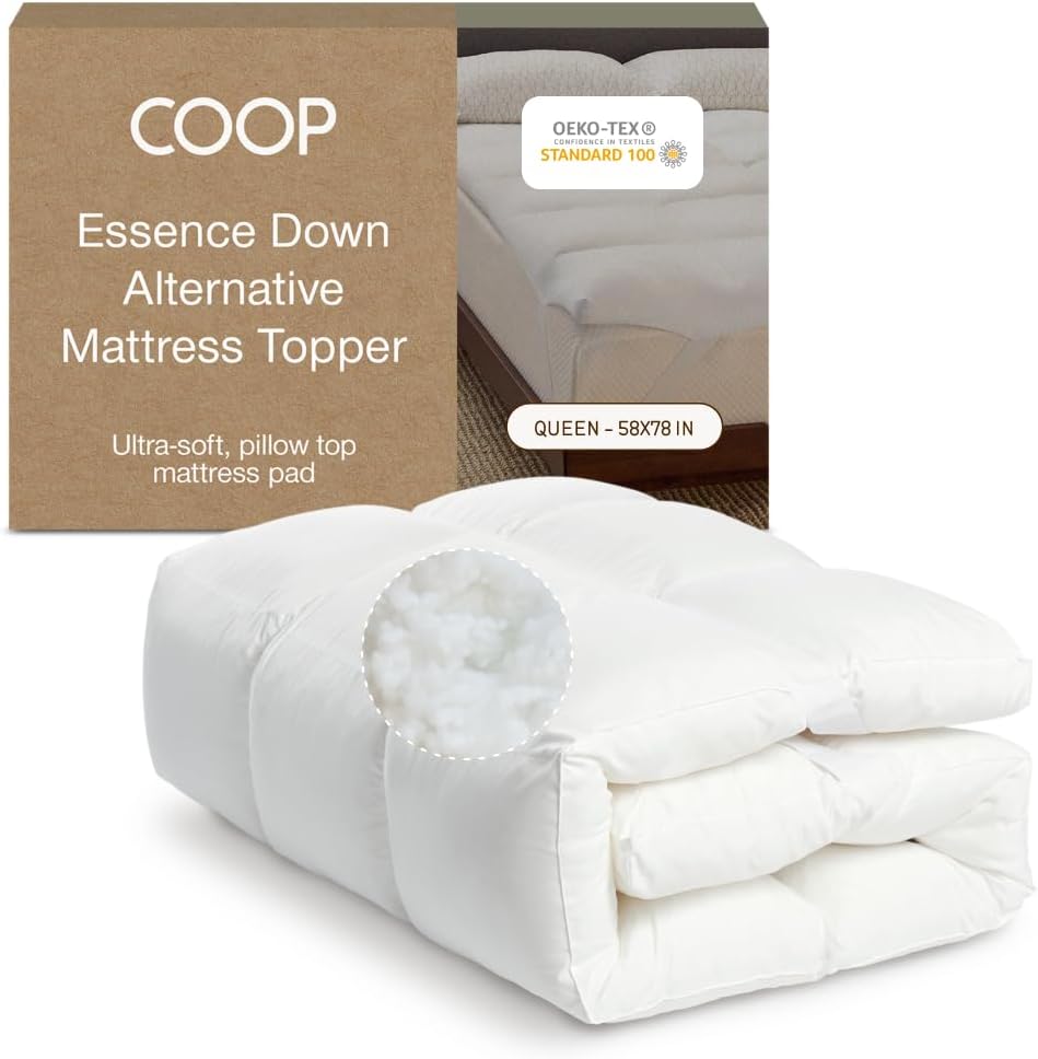 Coop Home Goods Essence Down Alternative Mattress Topper Queen, Plush 2-Inch Gusset and Baffle Box Design for Even Support and Comfort, Premium Bed Topper for Pressure Relief, Oeko-TEX Certified