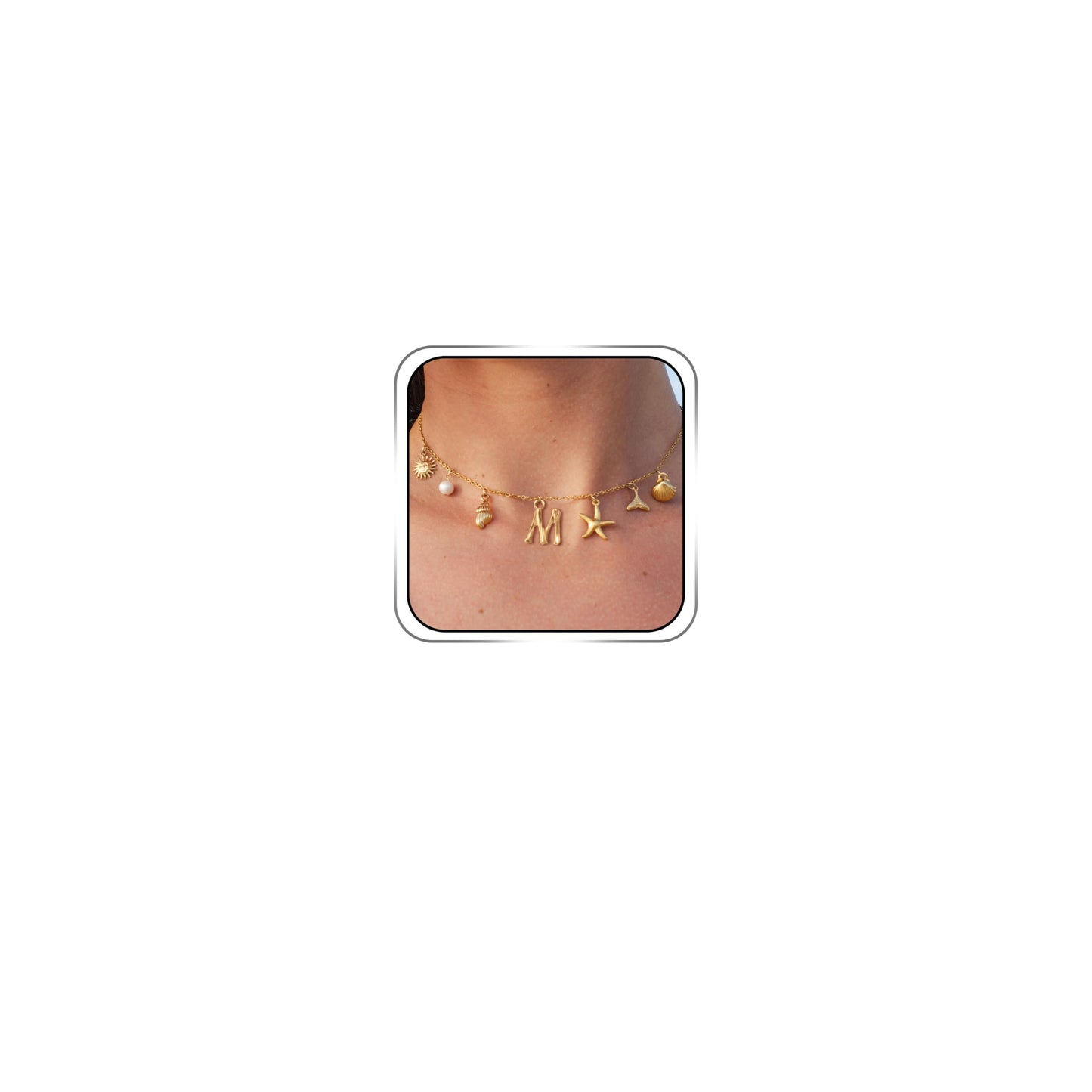 JALZEMPL Initial Charm Necklace For Women Shell Seashell Summer Beach Letter 14K Gold Plated Pendant Starfish Surfer Boho Jewelry Gifts (M)