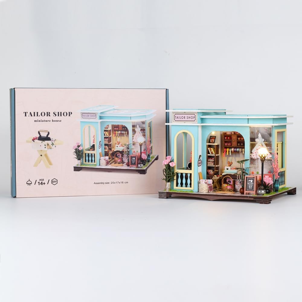 DIY Miniature House Kit,Tailor Shop Dollhouse Miniature Kit with LED & Furniture,Mini Diorama House Building Kit for Adults,3D Wooden Craft Tiny House Mini Model Kit,Home Decor Family Birthday Gifts