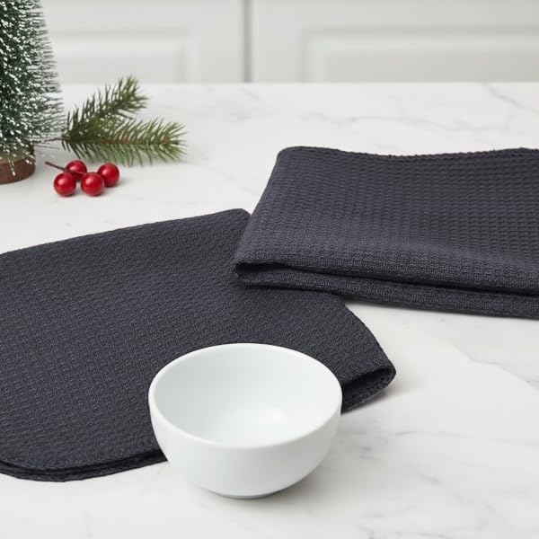 PurpleEssences Dish Cloths and Dish Rags - 8 Pack Waffle Weave Solid Kitchen Dish Wash Cloths, 100% Cotton, 12 x 12 Inches, Ultra Soft Absorbent Quick Drying - Christmas Holiday Winter - Dark Grey