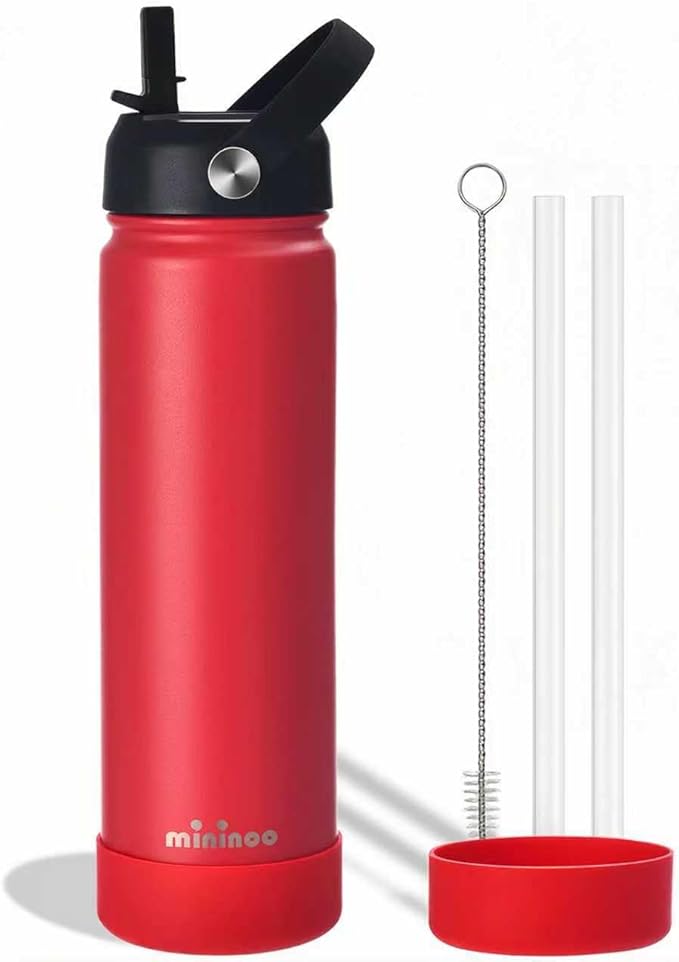 Insulated Stainless Steel Water Bottle with Straw, Ceramic-Lined, BPA-Free & Leak-Proof, 24 oz, Red