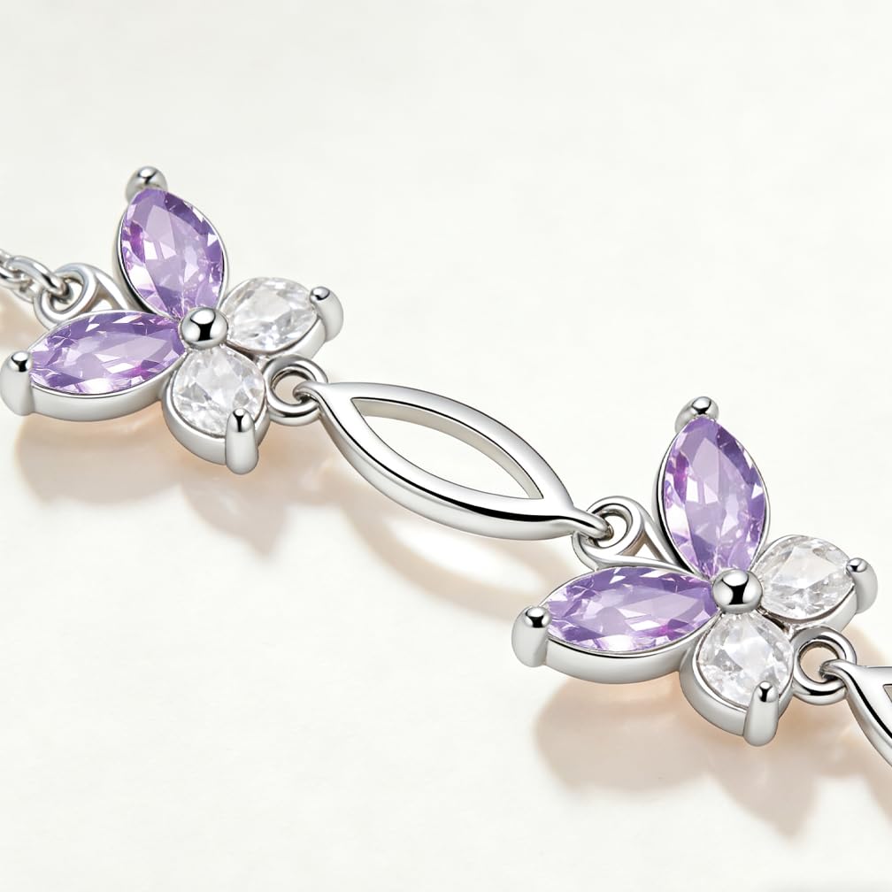 SUNCHIO Purple Bracelet 925 Sterling Silver Butterflies Link Bracelet Birthstone Jewelry Gifts for Women (Amethyst)